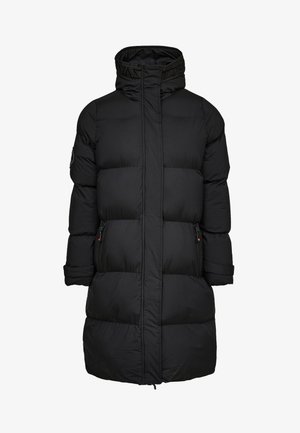 Black padded coat with a high neck, featuring vertical seams, two side pockets with zippers, and a logo band at the collar.