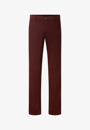 Burgundy chinos made of cotton blend, featuring a button closure, straight leg design, and smooth texture with no visible embellishments.