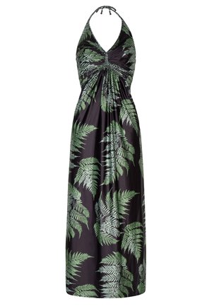 Maxi-jurk met bloemenprint en een halternek, voorzien van groene varenpatronen op een zwarte achtergrond, textuurt stof en geplooide taille.