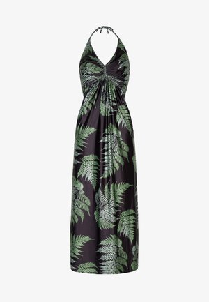 Robe maxi à fleurs avec un col licou, présentant des motifs de fougères vertes sur un fond noir, tissu texturé et détail froncé à la taille.