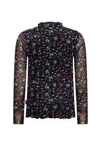 Langärmliges Oberteil aus transparentem schwarzen Stoff mit einem floralen Muster in Pink, Blau und Grün. Verfügt über einen gewellten Saum und einen runden Halsausschnitt.