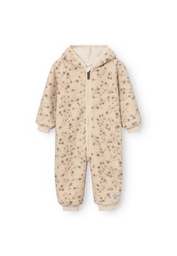 Beige Fleece-Overall mit braunem gesprenkeltem Muster, Reißverschluss vorne, Kapuze sowie gerippten Ärmeln und Knöcheln für eine enge Passform. Weicher Stoff über die gesamte Oberfläche.