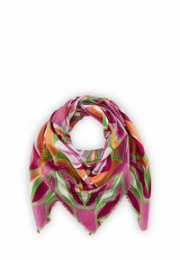 Multiculaire sjaal met gedurfde bloemenpatronen in roze, oranje, groen en wit, met een franjerand en een lichte, gestructureerde stof.