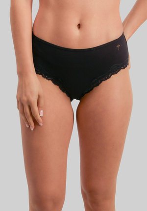 Black women's underwear featuring a scalloped lace trim, smooth fabric, and a classic brief design. Subtle gold logo detail present.