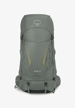 Sac à dos de randonnée Osprey Kyte 58 gris avec des accents jaunes, plusieurs sangles et un logo à l'avant, conçu pour une utilisation en extérieur et pour des charges lourdes.