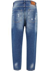 Vaqueros de mezclilla azul con un acabado desgastado, cinco bolsillos y sutiles detalles desgastados. Presentan piernas rectas y una cintura clásica.