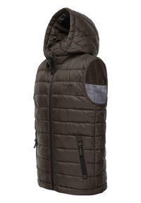 Gilet imbottito con cappuccio di colore marrone scuro, caratterizzato da una chiusura con zip, due tasche con zip e una texture trapuntata. Fodera con un motivo interno.