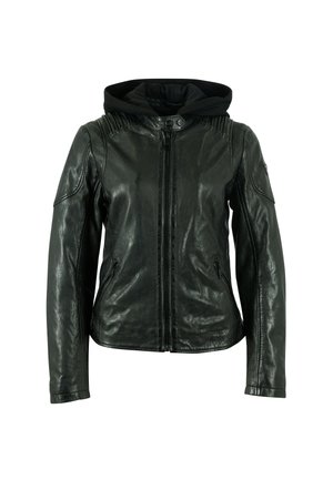 Giacca in pelle nera con chiusura a zip frontale, dettagli a coste sulle spalle e cappuccio rimovibile di colore nero. Presenta due tasche laterali con zip.