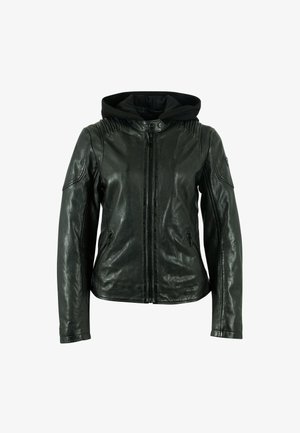 Giacca in pelle nera con chiusura a zip frontale, dettagli a coste sulle spalle e cappuccio rimovibile di colore nero. Presenta due tasche laterali con zip.