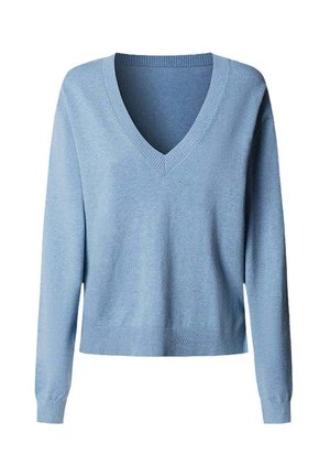 Svetlo modra v-izrezana pulover iz mehkega blaga. Ima dolge rokave ter rebrast rob in ovratnik, s sproščenim krojem.