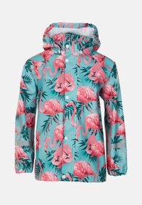 Vandtæt jakke med en turkis baggrund, der har et mønster af en pink flamingo og grønne blade, elastiske manchetter og en hætte.