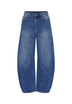 Blå jeans i denim med hög midja och vida ben, fram- och bakfickor, bälteshällor, knappstängning och blekt tvättat mönster på lår och knän.
