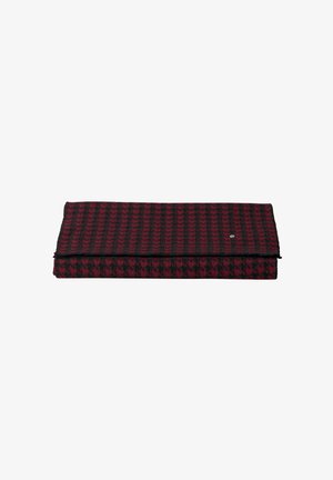 Portafoglio clutch rettangolare con motivo a quadri rosso e nero, realizzato in tessuto intrecciato, dotato di chiusura a scatto e design pied-de-poule.