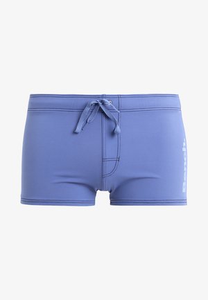 Light blue swim shorts made of stretch fabric, featuring a drawstring waist, contrast stitching, and a white logo on the side.