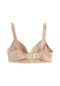 Reggiseno color carne in tessuto morbido, con spalline regolabili e chiusura a gancio e occhiello. I coppe sono non imbottite e senza cuciture.