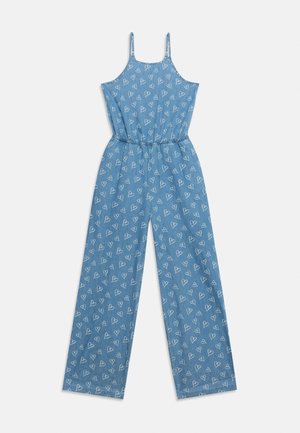 Μπλε ολόσωμη φόρμα χωρίς μανίκια με λευκό σχέδιο καρδιάς, ελαστική μέση και παντελόνια με φαρδύ πόδι.