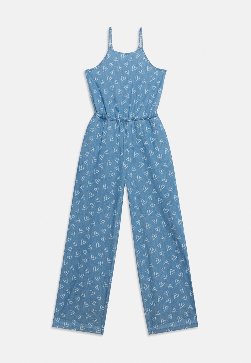Μπλε ολόσωμη φόρμα χωρίς μανίκια με λευκό σχέδιο καρδιάς, ελαστική μέση και παντελόνια με φαρδύ πόδι.