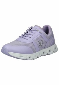 Lila Sportsschuh mit Obermaterial aus Mesh und Synthetik, weißer strukturierter Sohle, grauen Akzenten und hexagonalen Ausschnitten in der Sohle für Dämpfung.