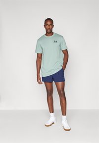 Világoszöld, rövid ujjú póló fekete logóval, sötétkék rövidnadrággal és fehér sportcipőkkel párosítva. Sima anyag, laza szabás.