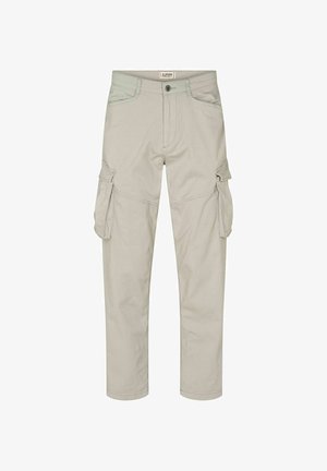 Beige cargo pants with button waist, belt loops, two front pockets, and flap side pockets on each leg, flat-lay on white background.