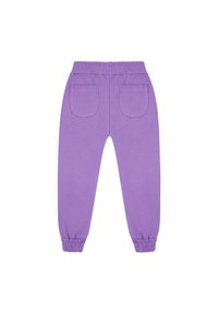 Fioletowe spodnie dresowe z elastycznym pasem, dwoma tylnymi kieszeniami i ściągaczami przy kostkach. Miękki, gładki materiał bawełniany.