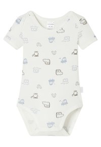 Lichtcrème katoenen bodysuit met korte mouwen, voorzien van blauwe en bruine voertuigpatronen, waaronder auto’s, helikopters en boten.