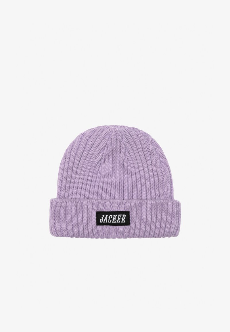 Purple ribbed knit beanie with a folded cuff and a rectangular black label featuring white text. Soft texture and lightweight design.