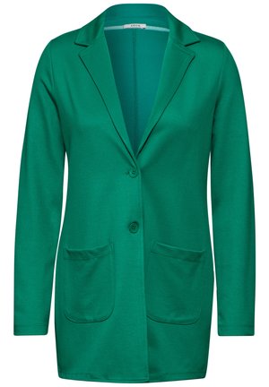 Groene blazer met lange mouwen, met een opstaand kraag, twee voorzakken en een enkele knoopsluiting, gemaakt van gladde, rekbare stof.