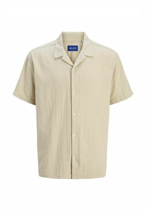 Short-sleeve beige button-up shirt made of textured fabric, featuring a spread collar and a relaxed fit. Subtle detailing on the fabric surface.