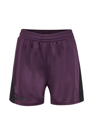 Shorts de sport violets avec panneaux latéraux noirs, taille élastique et logo subtil sur la partie inférieure de la jambe gauche.