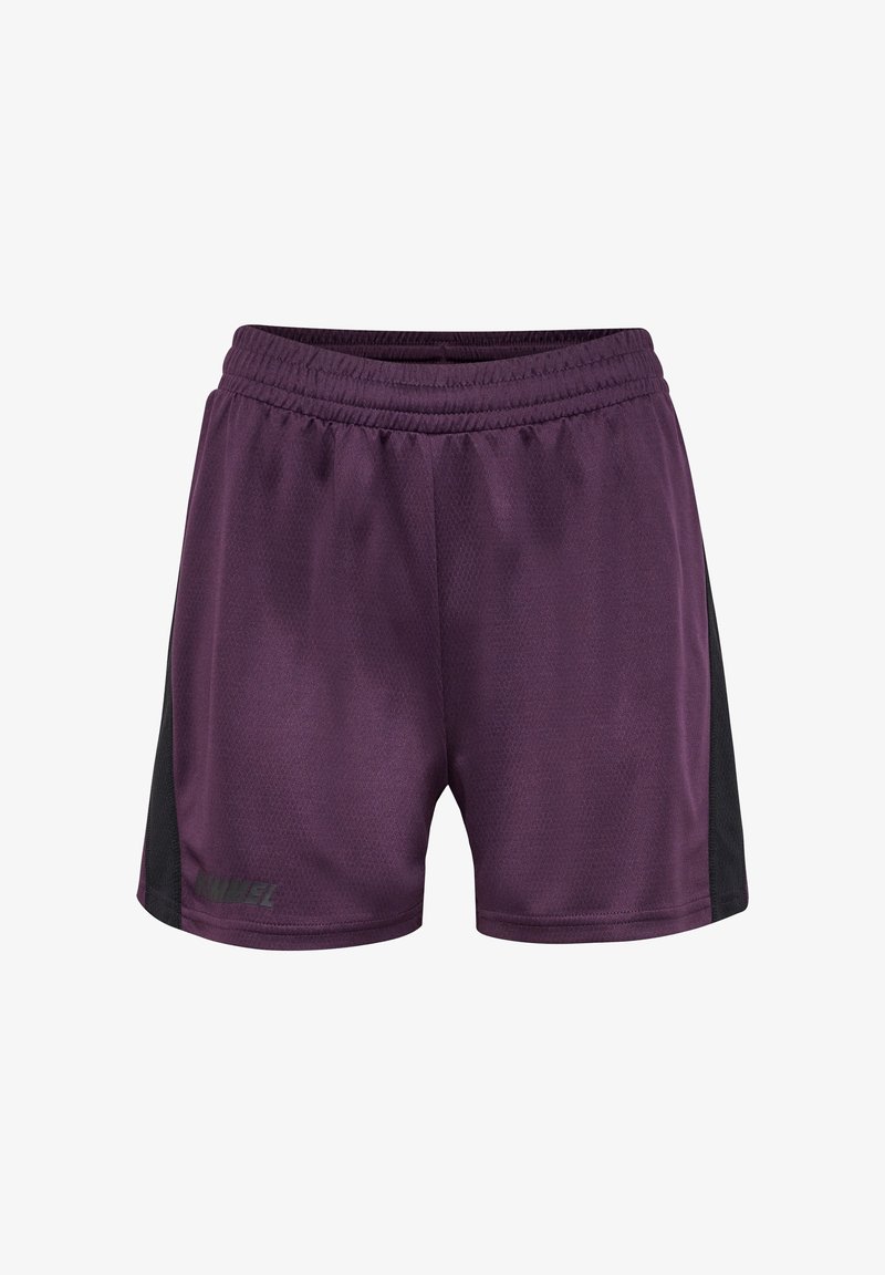 Paarse sportshorts met zwarte zijkanten, een elastische tailleband en een subtiel logo op het linkeronderbeen.