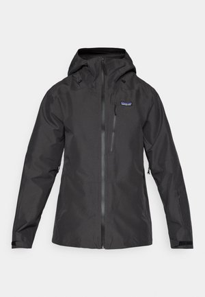 Čierna nepremokavá bunda s kapucňou, so zapínaním na zips vpredu, bočnými vreckami a logom na hornej ľavej strane hrudníka. Hladká textura.