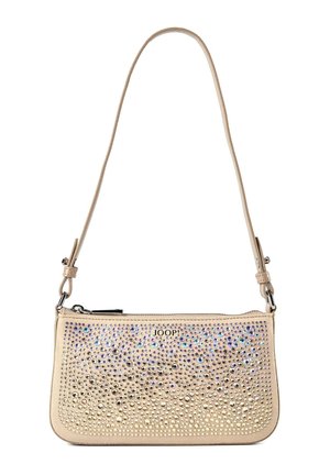 Béžová kabelka přes rameno s nastavitelným popruhem, zdobená barevnými kamínky a malým logem "JOOP!" poblíž horního středu.