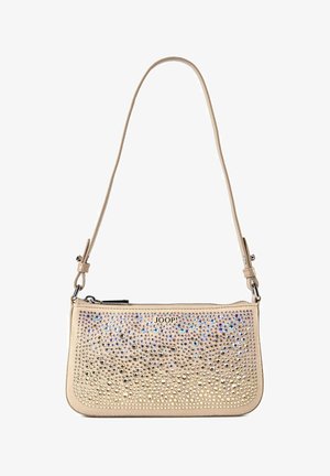 Borsa a spalla beige con tracolla regolabile, decorata con rhinestones multicolore e un piccolo logo "JOOP!" vicino al centro superiore.