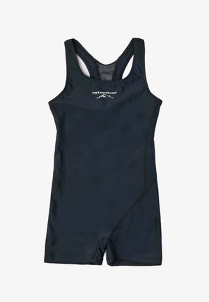 Schwarzer einteiliger sportlicher Badeanzug mit Racerback und weißem „Swedemount“-Logo über dem Bergdesign auf der Brust.