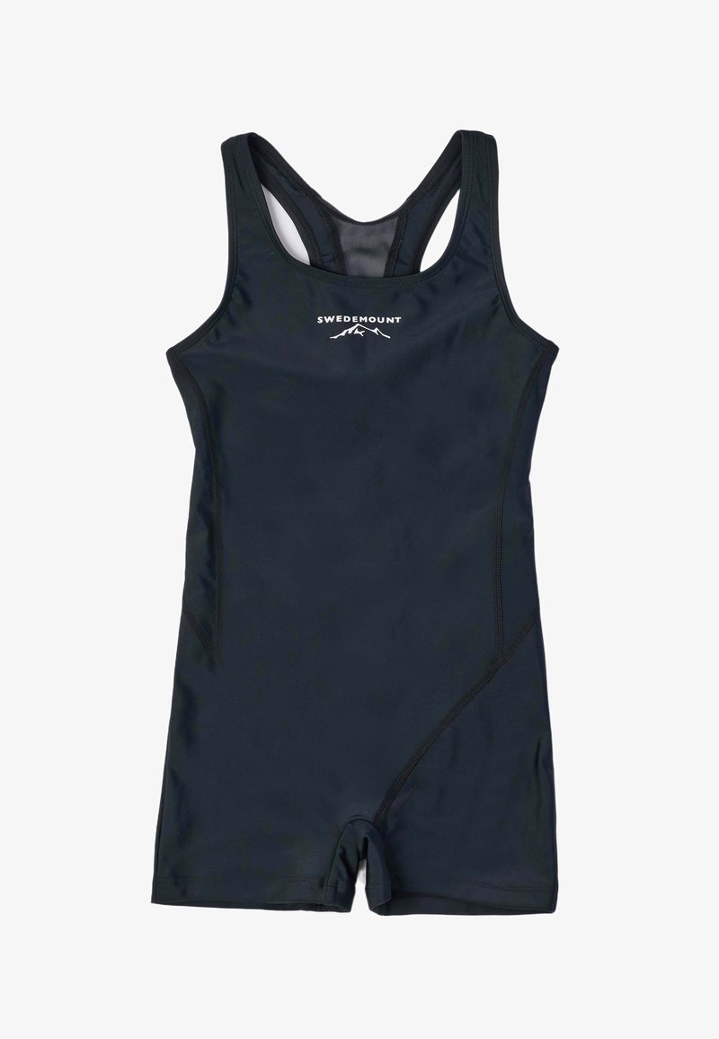 Maillot de bain sportif une pièce noir avec dos nageur et logo blanc "Swedemount" au-dessus d’un motif montagne sur la poitrine.