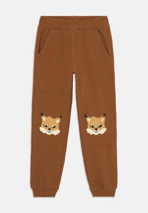 Pantaloni marroni a coste con due tasche, caratterizzati da volti di volpe ricamati su ciascun coscia. Tessuto morbido e cintura elastica per il comfort.