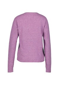 Lila neulotunikk, pehmeä rakenne, pyöreä pääntie, pitkät hihat, joustavat hihansuut ja helma. Omistaa rennon istuvuuden ja minimalistisen muotoilun.