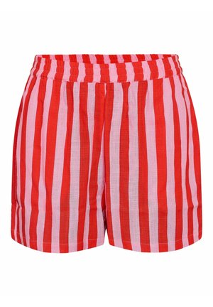 Rdeče in roza kratke hlače z navpičnimi črtami in elastičnim pasom, izdelane iz lahkega blaga, prikazane na enobarvnem belem ozadju.