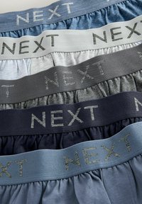 Pinoj mennen boksershorts i skygger av blått og grått, brettet med elastiske midjebånd merket "NEXT."