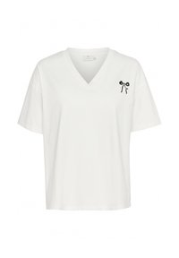 T-shirt bianco a V in cotone morbido con maniche corte e un piccolo fiocco nero ricamato sul lato sinistro del petto. Design semplice.