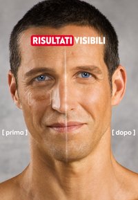 Confronto facciale prima e dopo che mostra una pelle chiara; presenta un tono di pelle marrone, capelli scuri e occhi blu, con sovrapposizione di testo.