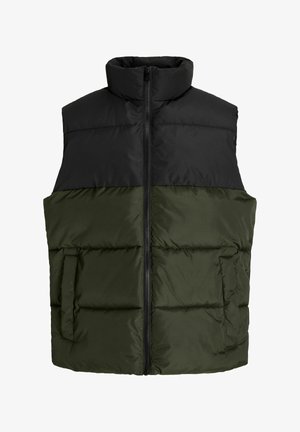 Vycpaná vesta s čiernou hornou časťou a olivovo zelenou dolnou časťou, predným zipsom a dvoma bočnými vreckami. Hladká textúra.