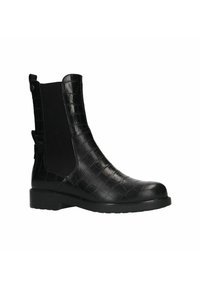 Stivaletto nero con pelle a stampa coccodrillo, pannelli laterali elasticizzati e suola sintetica testurizzata. Dotato di un laccio per un'indossabilità facile.