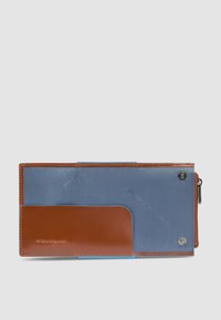 Brown and blue wallet featuring a smooth leather front, contrasting blue accents, a zip closure, and logo detailing. Rectangular shape.