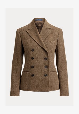 Houndstooth patterned brown tweed blazer with a double-breasted front, peaked lapels, and black buttons, featuring a single chest pocket.