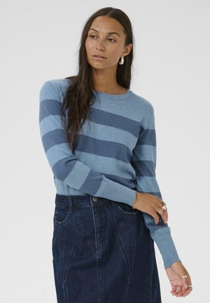 Maglione a righe blu realizzato in morbido tessuto, con diverse tonalità di righe blu. Il design include un collo rotondo e polsini aderenti.