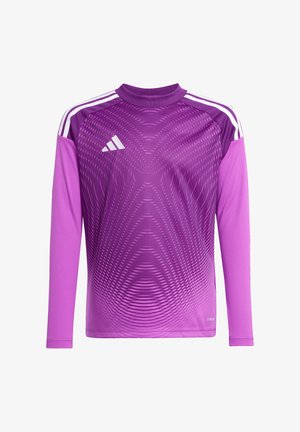 Paarse sportieve long-sleeve shirt met een gradient ontwerp met golvende lijnen, gemaakt van lichtgewicht materiaal, met witte schouderstrepen en logo.
