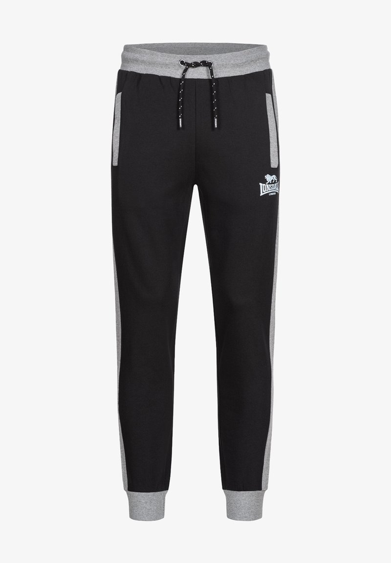 Pantalones de chándal negros con paneles laterales grises, cinturilla elástica y cordón ajustable. Cuenta con un pequeño logo en la parte frontal.