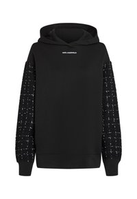 Black hoodie with textured checkered pattern on sleeves and small white "Karl Lagerfeld" logo on chest.